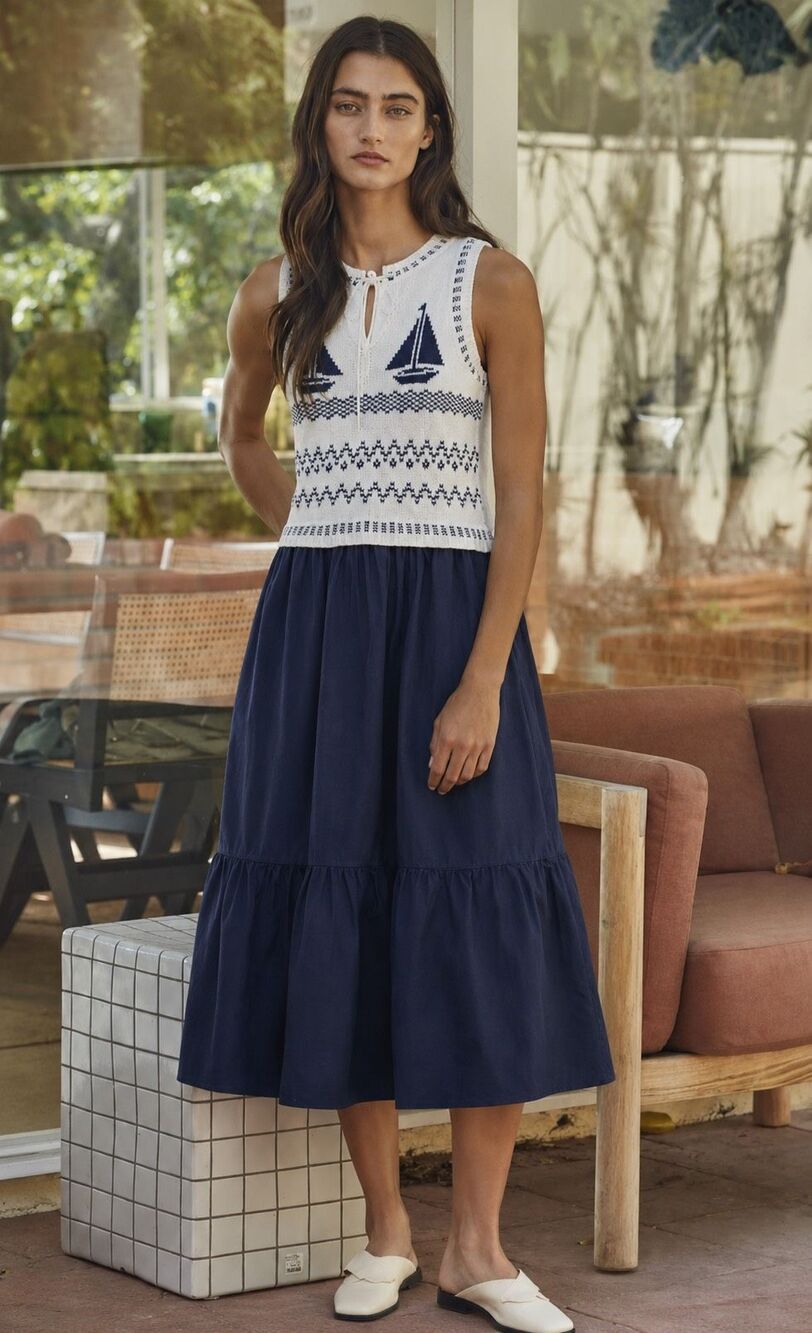 NWT Tuckernuck NWT Moon River Sailboat Knit Bodice Tiered Navy Midi Dress, XS $1